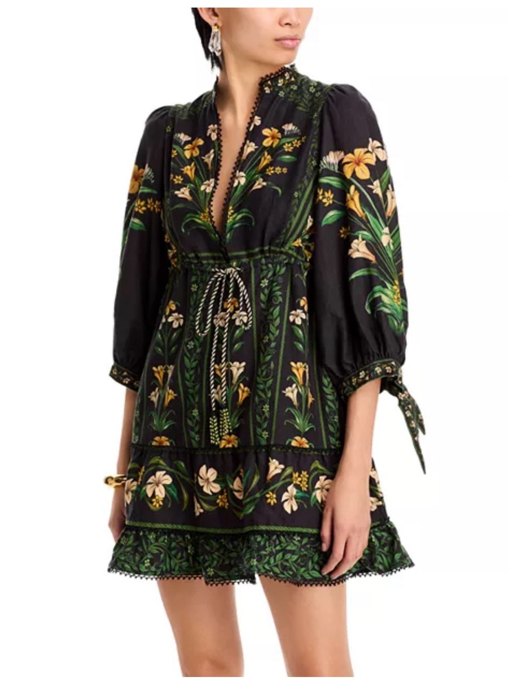 FARM Rio Black Floral Mini Dress with Green and Yellow Print